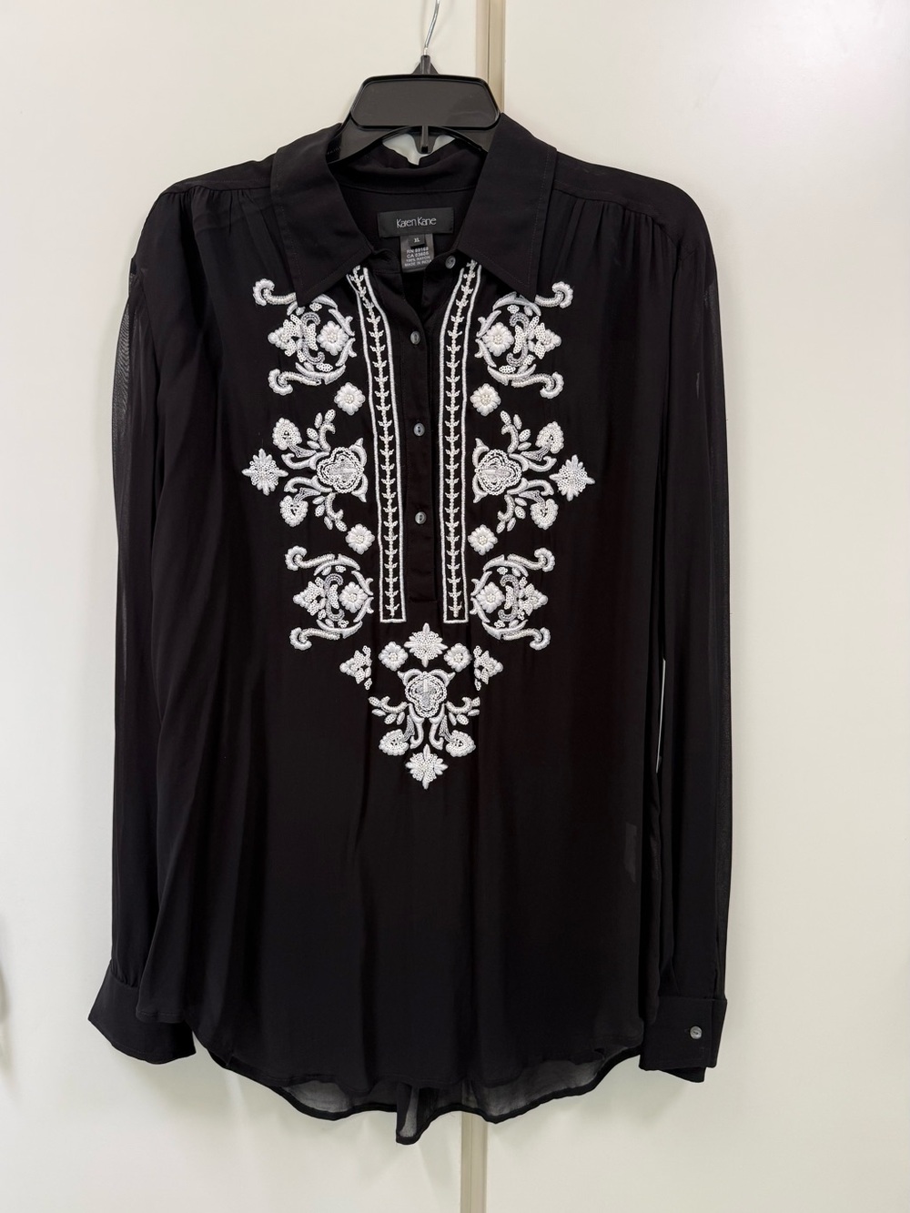 Karen Kane NWT Sheer Black Button-Front Shirt with White Embroidery XL Boho sexy
